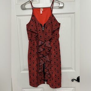 Francesca’s Red and nAvy ruffle zip dress geometric pattern size Small S